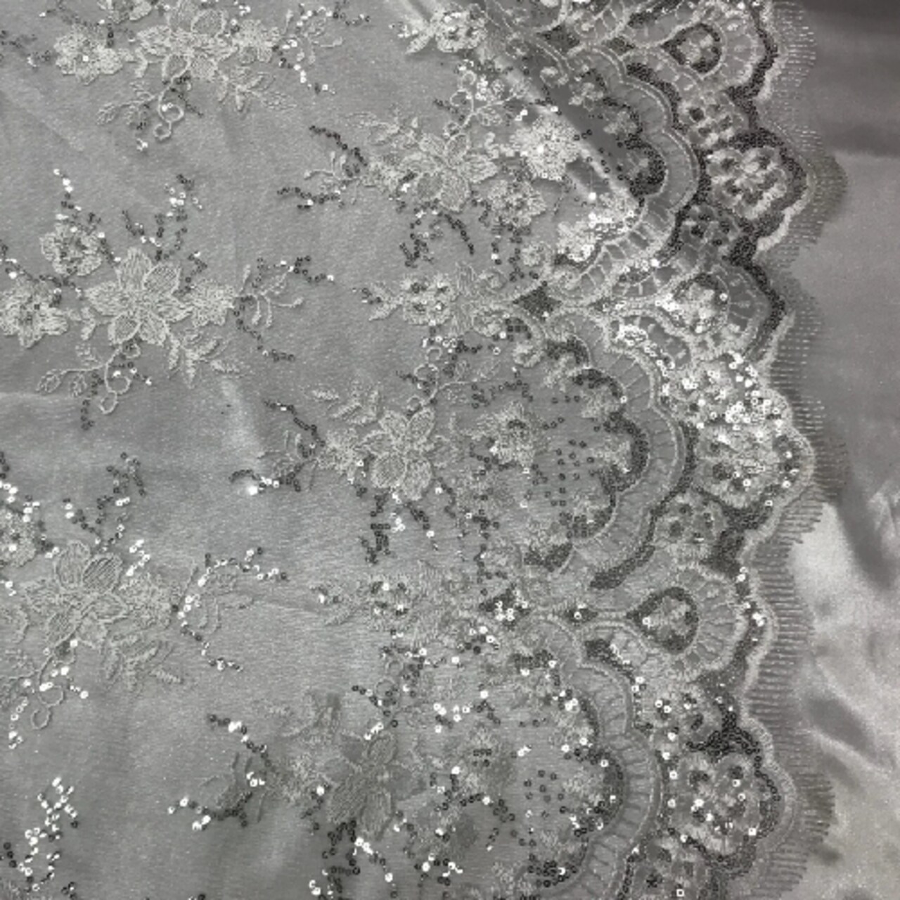 1 Yard White Sequin Lace Fabric with Embroidered Mesh and Elegant Scalloped Edge 51" Width